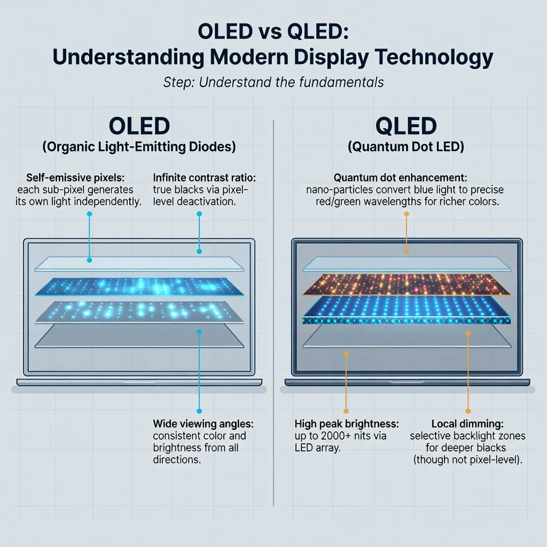 Step 1: Illustration for step: Understand the fundamentals related to OLED vs QLED: Understanding Modern Dis