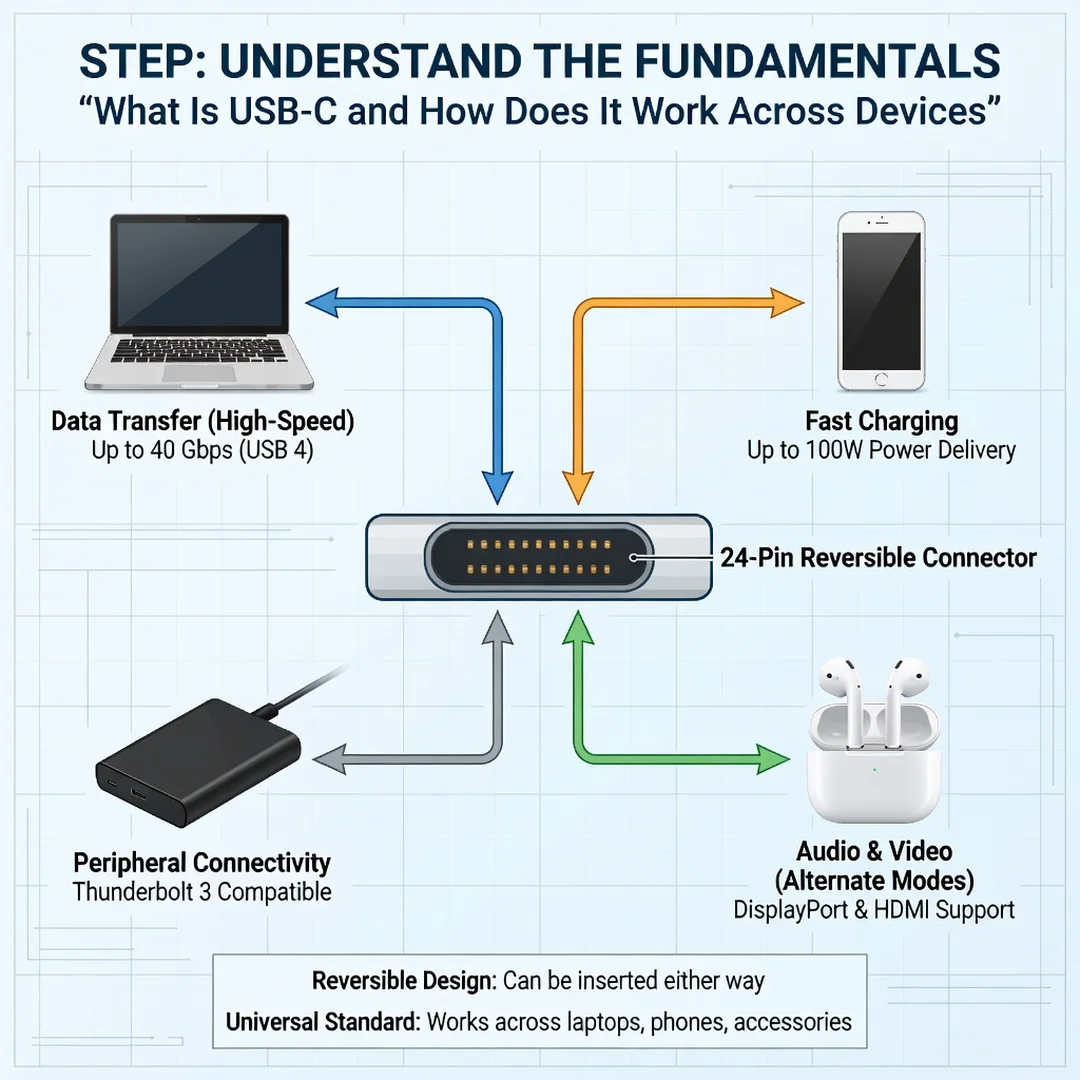 Step 1: Illustration for step: Understand the fundamentals related to What Is USB-C and How Does It Work Acr