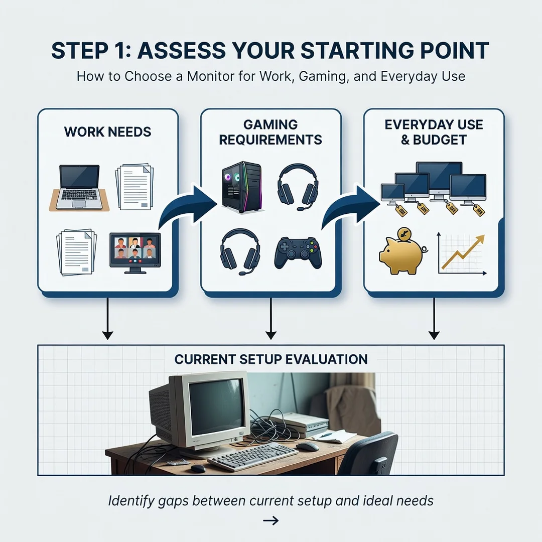 Step 2: Illustration for step: Assess your starting point related to How to Choose a Monitor for Work, Gamin