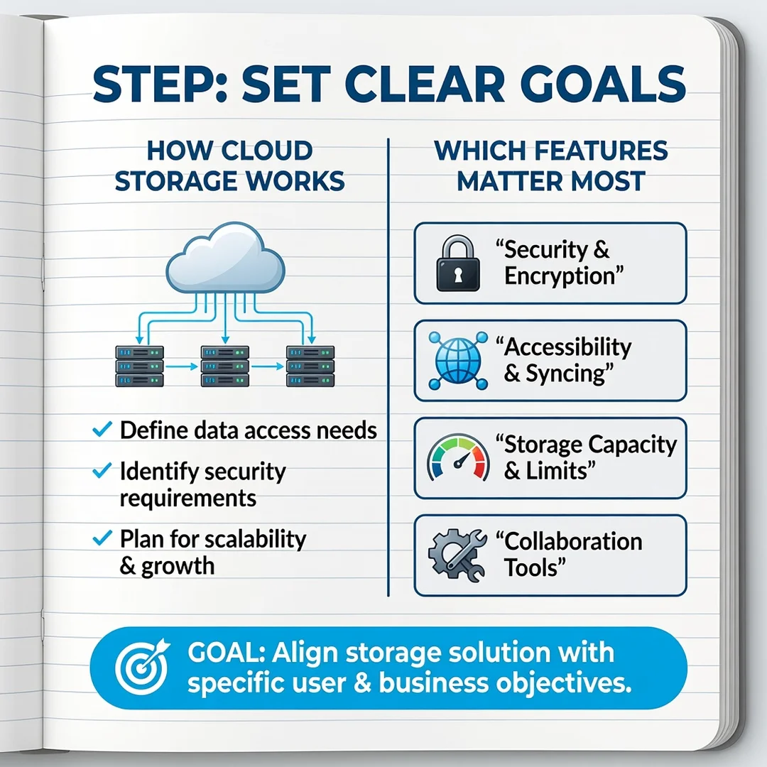 Step 3: Illustration for step: Set clear goals related to How Cloud Storage Works and Which Features Matter 