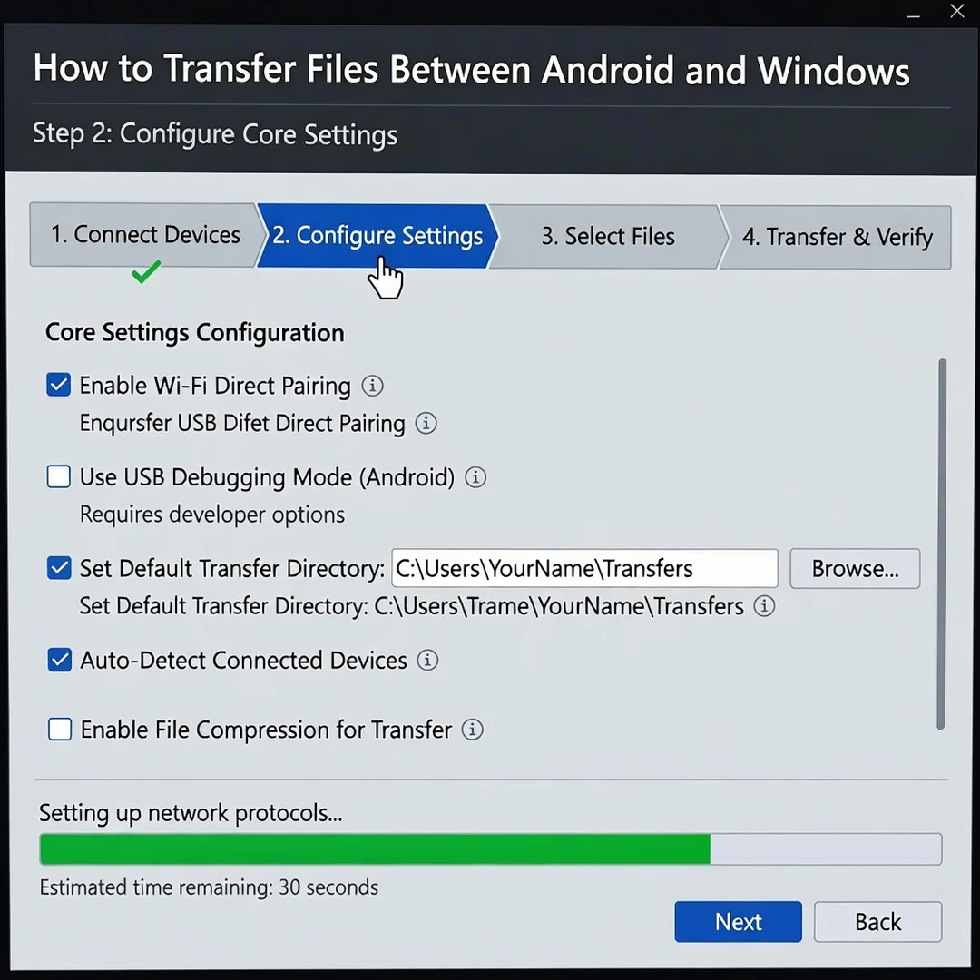 Step 3: Technical tutorial screenshot: Configure core settings for How to Transfer Files Between Android and