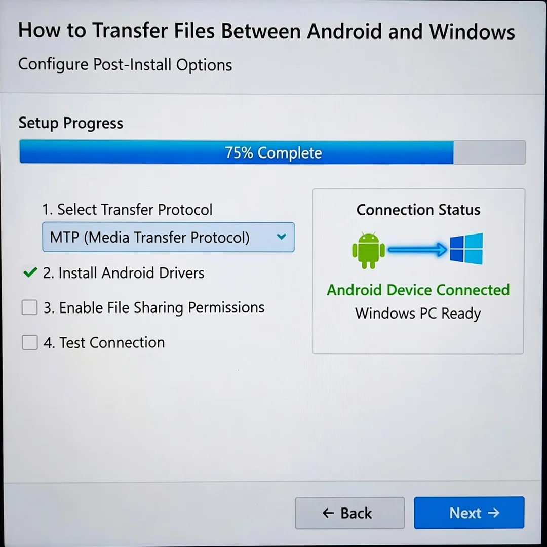 Step 6: Technical tutorial screenshot: Configure post-install options for How to Transfer Files Between Andr