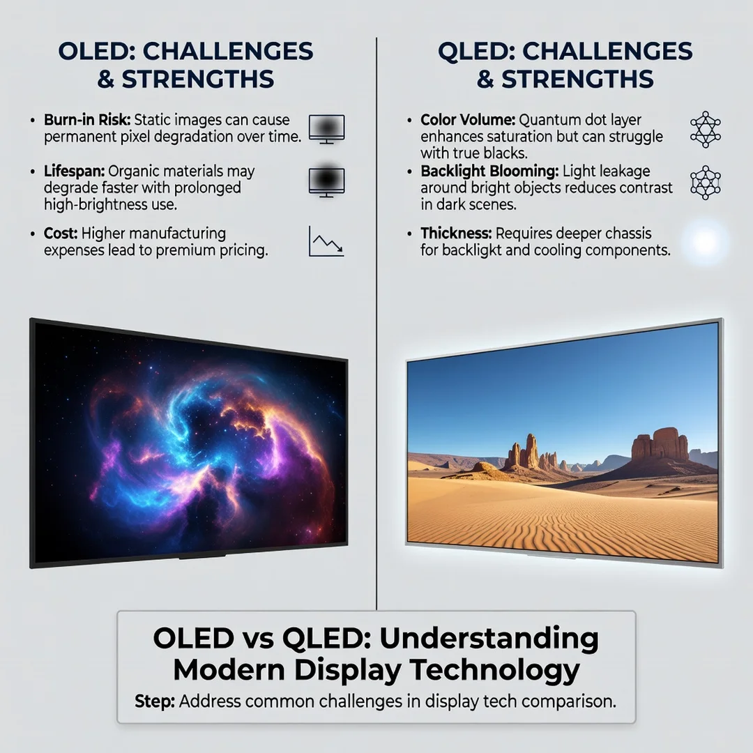 Step 7: Illustration for step: Address common challenges related to OLED vs QLED: Understanding Modern Displ