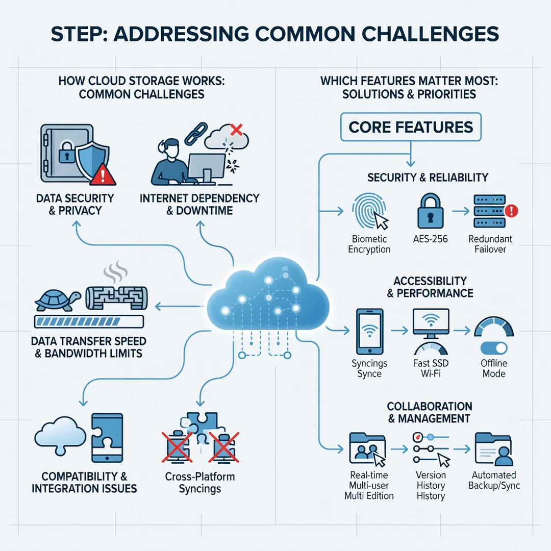 Step 7: Illustration for step: Address common challenges related to How Cloud Storage Works and Which Featur
